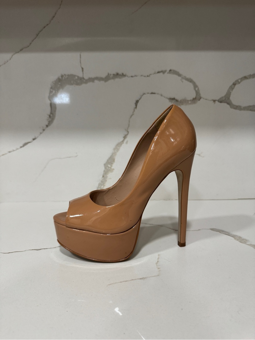 Steve Madden Patent Platform Peep-Toe High Heel in Nude